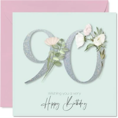 Image of 90th Birthday Cards for Women Fancy Floral Flowers Happy Card 90 Year Old Woman Granny Nan Nanny Grandma, 145mm Bday Greeting
