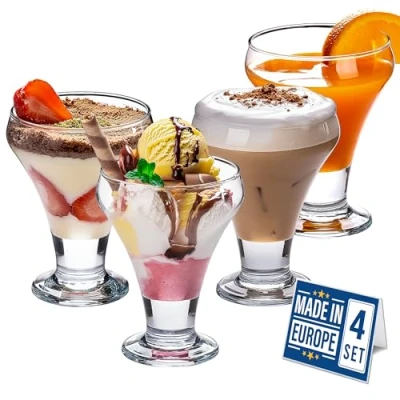 Image of Crystalia Elegant Stemmed Glass Dessert Dishes Set 4, 305ml Lead Free Trifle Bowl, Footed Ice Cream Bowls, Prawn Cocktail Dishes, Sundae Glasses, Sweet