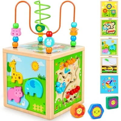 Image of Jojoin Wooden Activity Cube Baby Toys 1 2 3 Year Old Boys Girls Montessori with Bead Maze Shape Sorter Abacus Sensory 1st Birthday Gifts for Boys, HW00713