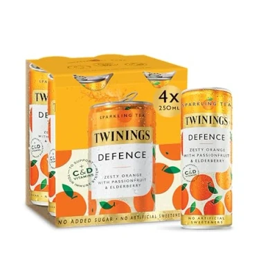 Image of Twinings Defence Orange and Passionfruit Flavoured Sparkling Tea Refreshing Fruity Beverage(4X250ml Cans) No Added Sugar,Low in Caffeine/Calorie,Healthy Alternative,Antioxidant Rich,Vegan,Gluten Free