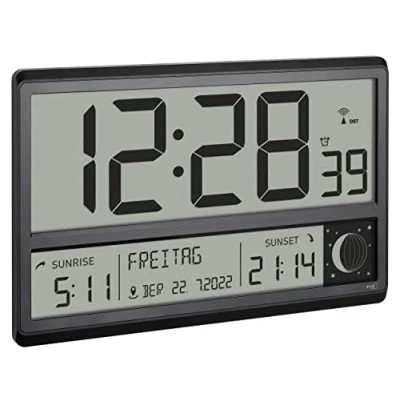 Image of TFA Dostmann XL Radio Wall Clock 60.4524.01 with Sunrise and Sunset, Alarm, Large Digits, Moon Phases, Silent, Black