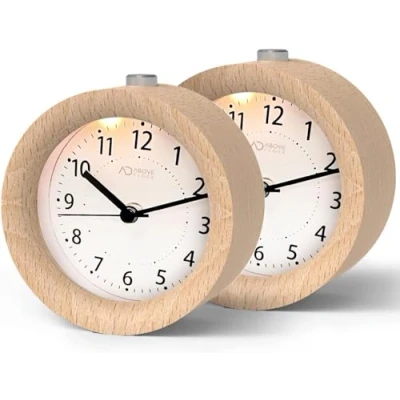 Image of Alarm Clock Analogue Without Ticking, Pack of 2, aboveClock Wooden with Snooze, Bedside Table Night Light, Not Included, Natural Wood in Light Brown