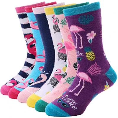 Image of EBMORE Girls Cotton Socks Cute Unicorn Pattern Soft Novelty Gift For Kid Child 6 Pack(Flamingo j,3 5 Y)