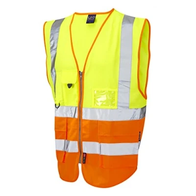 Image of Leo Workwear Lynton W11 Dual Colour Hi Vis Class 1 Multi pocket Superior Waistcoat, 4XL, Yellow Orange