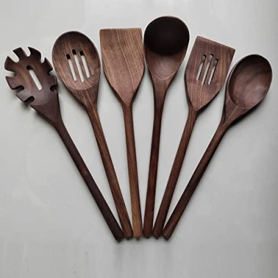 Image of Black Walnut Kitchen Utensil Set Cooking Wooden Spatula Spoon for Stirring Mixing Serving Spoons 14&quot; Utensils Cooking,6pcs