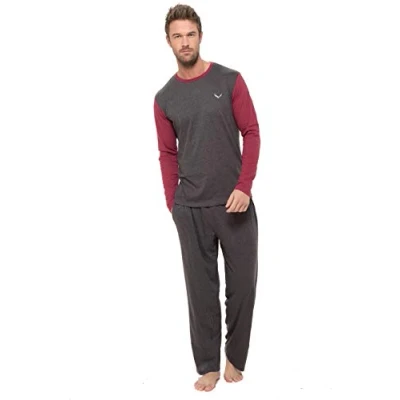Image of INSIGNIA Mens Pyjama Set Top &amp; Pants Cotton Pjs (Wine Grey, 3XL)