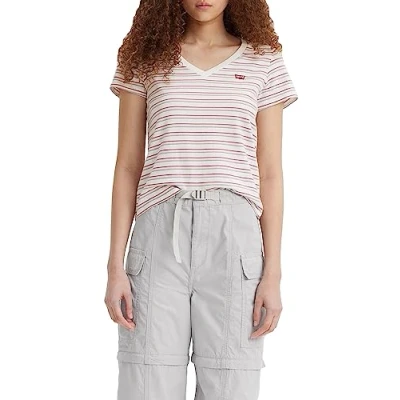 Image of Levi&#039;s Women&#039;s Perfect V Neck T Shirt, Cool Stripe Cloud Dancer, XXS