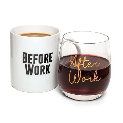 Image of Before Work, After Work 300ml (10oz) Coffee Mug Stemless Wine Glass Set Friend Gift for Boss, Coworker, Office Life Gifts New Job ThumbsUp!