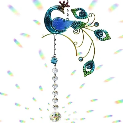 Image of Peacock Crystal Suncatcher Pendant Hanging Chandelier Prism Rainbow Manufacturer Ornament for Window Home Garden Decoration