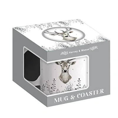 Image of Harvey &amp; Mason Festive Reindeer New Bone China Mug Coaster Set Christmas Xmas Gift White Grey