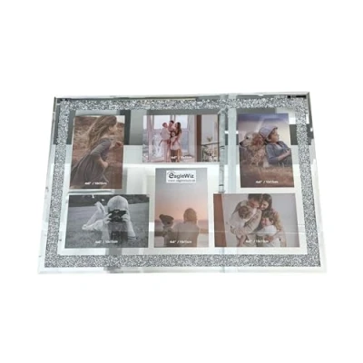 Image of EagleWiz Crystal crushed jewel mirrored diamond Effect 6 Collage Photos Wall Frame Silver Mirror affect 4x6inch Wedding Gift