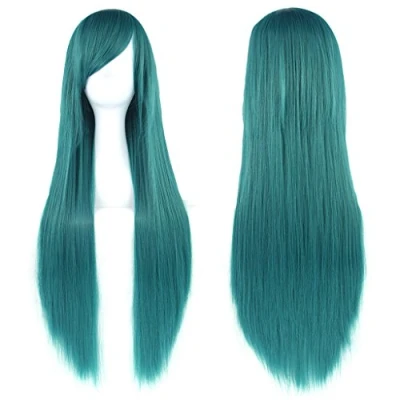 Image of Fouriding 32&quot; Green Women&#039;s Long Straight Full Wigs Costume Synthetic Hair Hairpieces with Oblique Bangs for Halloween Anime Cosplay Party Girl Women +Wig Cap