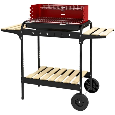 Image of Outsunny Charcoal Barbecue Grill with Adjustable Height, Portable BBQ Trolley Ash Catcher and Wheels for Outdoor Garden Party Cooking, Red
