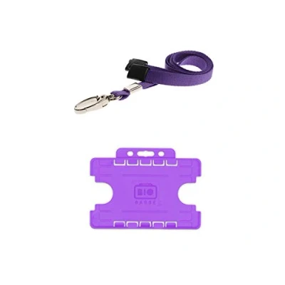 Image of ID Card It Holder Double Sided and Neck Strap Lanyard (Purple Metal Clip)