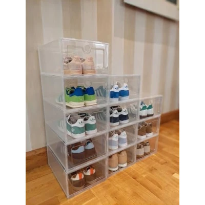Image of ABBAware Clear Plastic Shoe Box with Super Transparent Door, Storage Boxes, Stackable Organiser Container, fits up to UK size 11. Pack of 12