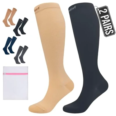 Image of 360 RELIEF 2 Pairs Flight Compression Socks for Women &amp; Men, Comfortable Travel, Circulation Leg Relief, Pregnancy Support, 2XL, Beige+Black + Laundry Bag