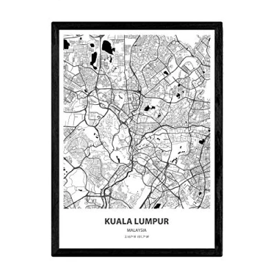 Image of Nacnic Poster with map of Kuala Lumpur Malaysia. Asian cities sheets seas and rivers in black color. A3 size