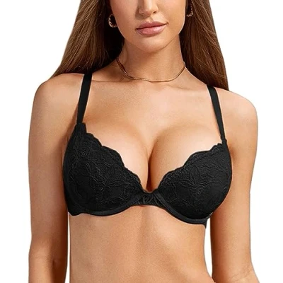 Image of DOBREVA Women&#039;s Push Up Lace Bra Sexy Plunge Padded Underwire Support Bras Lift Black 34DD