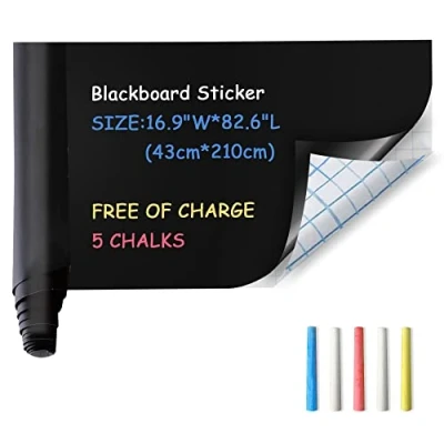 Image of Ezigoo Blackboard Chalk Board Wall Sticker, 43cm x 210cm Black Boards for Walls, Home Kitchen Office School 5pcs Coloured Chalks