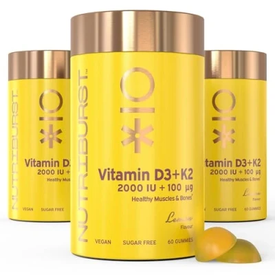 Image of Nutriburst Vitamin D3 (2000IU) + K2 (100µg) Multipack Essential Nutrients to Support Bone Health, Skeletal Function &amp; Immune Vegan Sugar Free 3 x 60 Lemon Gummies Month Supply