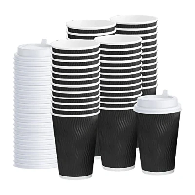 Image of 1ABOVE 50 Pack 8oz Double Kraft Disposable Paper Cups for Tea, Coffee, Cappuccino Hot Drinks with Lids (Black)