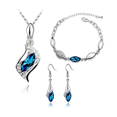 Image of FDEETY Jewellery Set for Women Pandent Necklace Bracelet Hook Dangle Earrings with Austrian Crystal Gift Girlfriend Wife on Valentine’s day, Blue