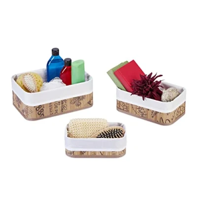 Image of Relaxdays Set of 3 Storage Baskets, Bamboo with Fabric Lining, Sizes, Shelf Tidy, Bathroom, Decorative, White/Natural