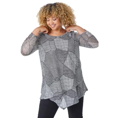 Image of Roman Originals Women Hanky Hem Tunic Ladies Top Asymmetric Hemline Blouse Double Layer Mesh Overlay Jersey Stretchy Summer Spring Flattering 3/4 Sleeve Smart Casual Work Black Plus Size 20