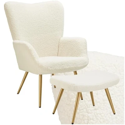 Image of TecTake® Armchair with Footstool in Scandi Style, Soft Bouclé Cover, Thick Padding, Robust Steel Legs, Ergonomic Backrest &amp; Non Slip Feet, Cosy Living Room Chair Bedroom Cream/Gold