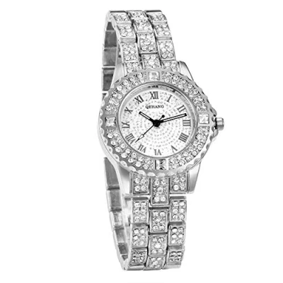 Image of JewelryWe Women Watches Silver Tone Alloy Quartz Watch Stylish Rhinestone Bling Dress Wristwatches