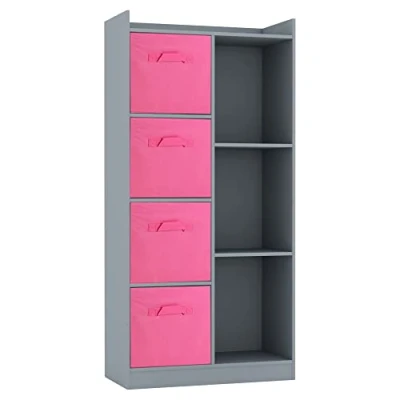 Image of URBNLIVING Tall Wooden 7 Cube Bookcase Shelving Display Storage Unit Cabinet Shelves New (Grey Bookcase) (Dark Pink Drawer)
