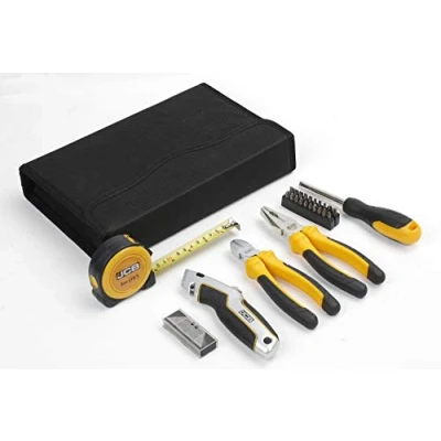Image of JCB 26 Piece Tool Kit Includes Screwdriver &amp; Bits, Pliers, Retractable Knife, Tape Measure and Storage Case, Perfect for New Homeowners Or Students (JCB SET)