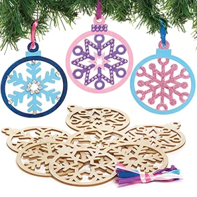 Image of Baker Ross FE898 Snowflake Wooden Baubles Decorations Pack of 10, Make Your Own Christmas Decorations, Crafts for Kids, Hanging Trees