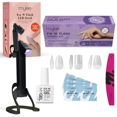 Image of Mylee Fix N Flash Soft Gel Tips Kit with LED Torch 3 shapes, 216pcs, Portable Polish Lamp, USB Rechargeable, Movable Head, Gel, Prep Wipes &amp; Half moon Nail File, Full Cover, Art Extensions