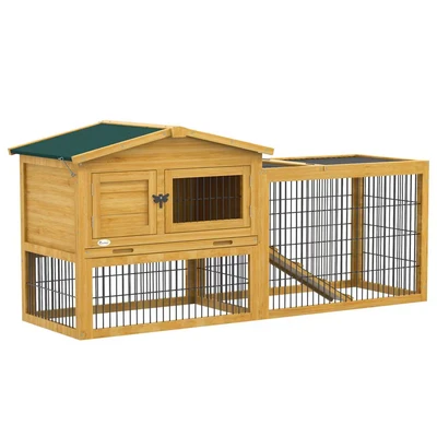 Image of PawHut Rabbit Hutch Outdoor, Wooden Guinea Pig with Run, Openable Roof, Pull Out Tray, Ramp for 1 2 Rabbits, 150 x 52.5 68 cm, Yellow