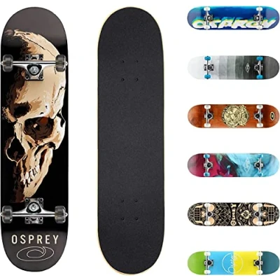 Image of Osprey Complete Skateboard, 31&quot; x 8&quot; Double Kick Skateboard for Kids and Adults, Concave Deck, Includes Grip Tape, Deck Wheels, Skull Sessions, Multiple Designs