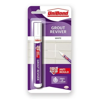 Image of Unibond Grout Reviver Pen, White Pen for Bathroom Joints, Easy to Use Tile Whitener Restoring Discoloured &amp; Faded 1x7ml