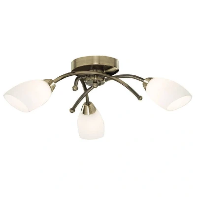 Image of Opera 3 Light Flush Multi Arm Ceiling Antique Brass and Opal Glass, G9