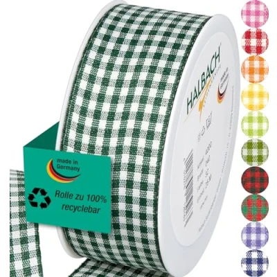 Image of Halbach Seidenbänder Premium Vichy Checked Gift Ribbon (Dark Green) Width 40 mm Length 25 m Made in Germany Many Colours