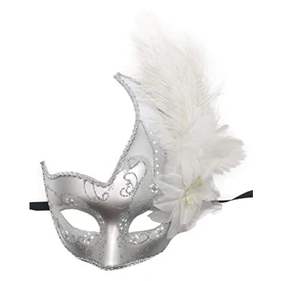 Image of Coolwife Costume Mask Feather Masquerade Halloween Mardi Gras Cosplay Party Masque (Silver White)