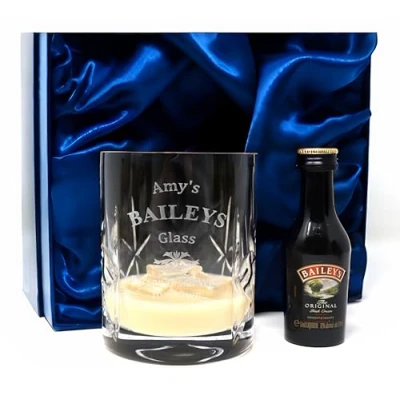 Image of Personalised Crystal Tumbler &amp; Miniature Baileys Design (Baileys The Original Irish Cream Liqueur, Silk Lined Gift Box)