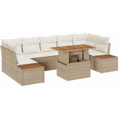 Image of vidaXL 8 Piece Garden Dining Set with Cushions Beige Poly Rattan Acacia