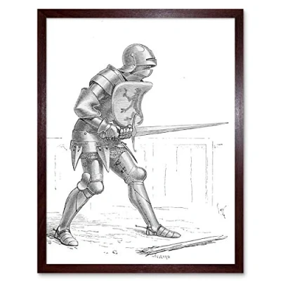 Image of Wee Blue Coo Painting Drawing Illustration Medieval Knight Armour Shield Sword Art Print Framed Poster Wall Decor 12X16 Inch
