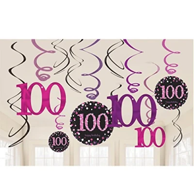 Image of amscan 9901771 100th Birthday Glittery Pink Swirl Decorations(12 Piece) 1 Pack