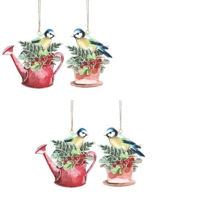 Image of Gisela Graham Wood Blue Tit in Pot/Watering Can Decorations set of four