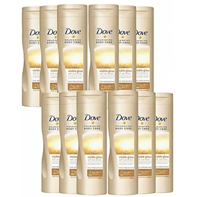 Image of 12 Pack of Dove Nourishing Body Care Visible Glow Gradual Self Tan Fair to Medium Lotion 400ml