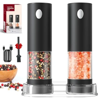 Image of CIRCLE JOY Electric Salt and Pepper Grinder Set Rechargeable Mill with Storage Base, Washable Container, Adjustable Coarseness White LED Light, Black