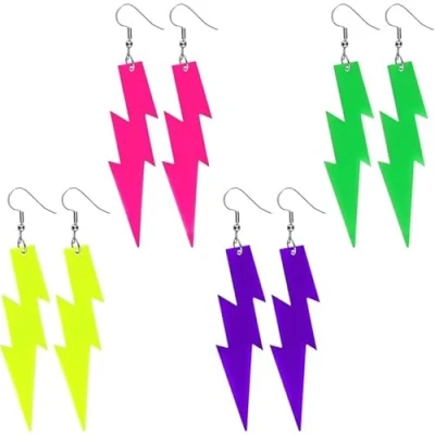Image of 4 Pairs Acrylic Exaggerated Earrings Lightning,80s Neon Earrings,Neon Exaggerated,Retro Lightning Bolt Earrings,for Evening,Birthday,and Theme Parties(Pink,Yellow,Green,Purple)