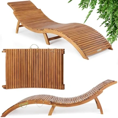 Image of CASARIA® ERGO Foldable Wooden Sun Lounger Ergonomic Design Garden Deck Chair FSC® certified Acacia Wood Portable Patio Furniture Sunbed w/Adjustable Headrest 160kg Capacity