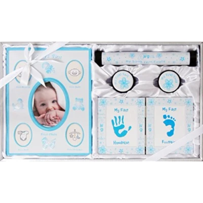 Image of New Baby Boy Christening Gift 5 Piece Set First Frame Tooth Curl Handprint Footprint Kit White Blue